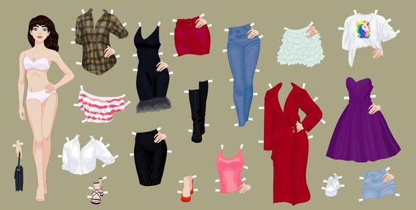 Paper doll of a pretty brunette girl with clothes - Vector, Image
