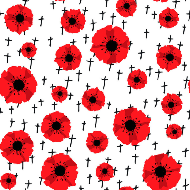 Anzac day. Seamless pattern red poppies and black crosses isolated on white background. Remembrance Day vector illustration. Design element for poster, banner, web design - Vector, Image