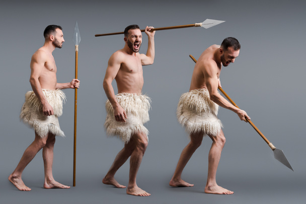 collage de cavernícola sin camisa con lanza en gris, concepto de evolución
  - Foto, imagen