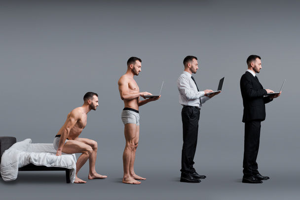 collage of man sitting on bed, standing and using laptop in formal wear on grey, evolution concept.  - Foto, imagen