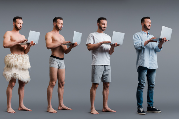 collage of muscular caveman, man in boxer shorts and businessman using laptops on grey, evolution concept  - Photo, Image