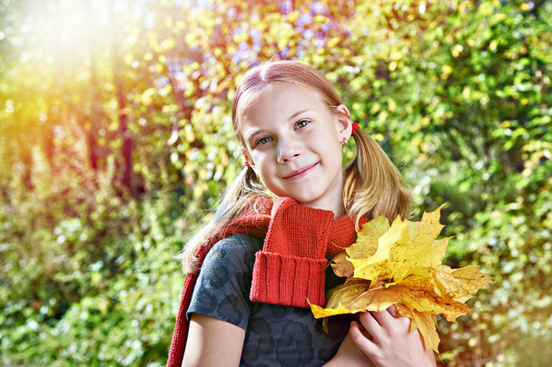 Chica alegre con hojas amarillas en el parque de otoño en un día soleado
 - Foto, imagen