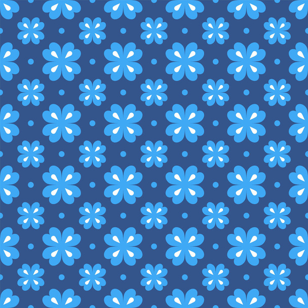 Vector seamless pattern. Geometric abstract flower, dots. Blue floral elements on dark blue background. Seamless backdrop for greeting cards, banners, prints on clothing, on fabrics, packaging design. - ベクター画像