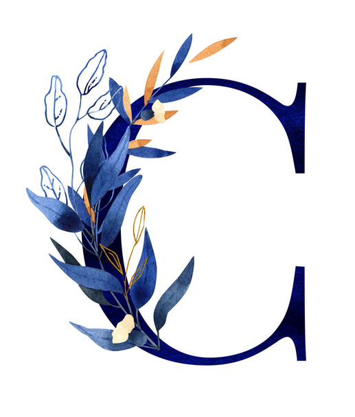 Watercolor floral monogram, letter c - classic blue decorated with gold  - Φωτογραφία, εικόνα