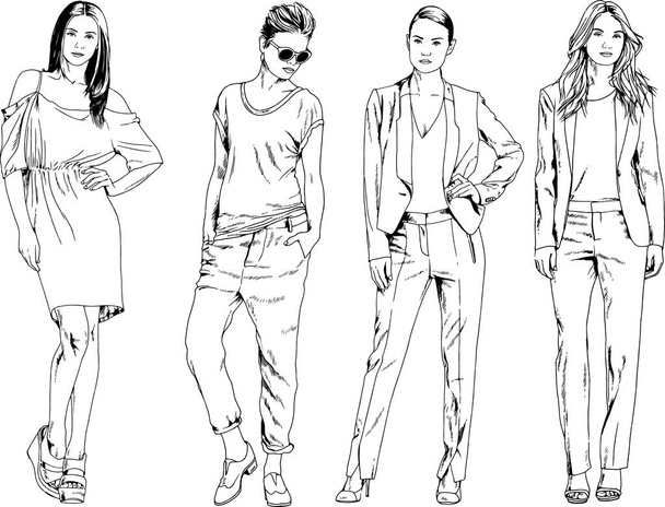 vector drawings on the theme of beautiful slim sporty girl in casual clothes in various poses painted ink hand sketch with no background - Vector, Image
