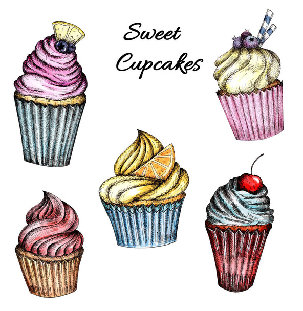 A collection of Colorful cupcakes with cream and berries. Watercolor hand drawing isolated on a white background. - Fotografie, Obrázek