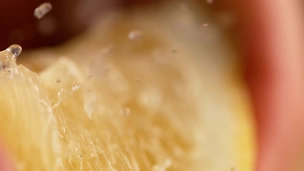MACRO, DOF: Kwart van de biologische citroen wordt geperst en zure sap spuit uit. - Video