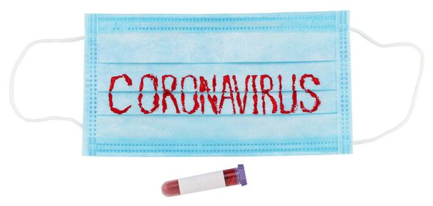 protective mask with CORONAVIRUS and test tube with blood on white background. WUHAN virus concept. - Photo, Image