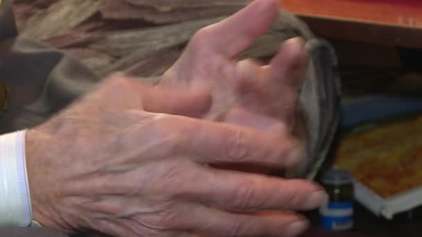Κοντινό πλάνο των παλιών χεριών με το ρυτιδιασμένο δέρμα να τρέμει. Έννοια της νόσου Parkinson . - Πλάνα, βίντεο