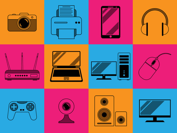 Set of 12 icons, symbols and images of digital and computer technology, gadgets in a bright contrasting retro style. Vector horizontal orientation. For shops, advertising, banners, prints, cards - Vector, Image