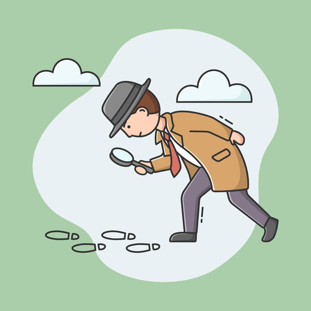 Concept Of Private Detective. Young Cartoon Detective Is Going By Traces With Magnifier Glass. Man Is Doing His Job. Process Of Searching Evidences. Cartoon Linear Outline Flat Vector Illustration - Vector, Image