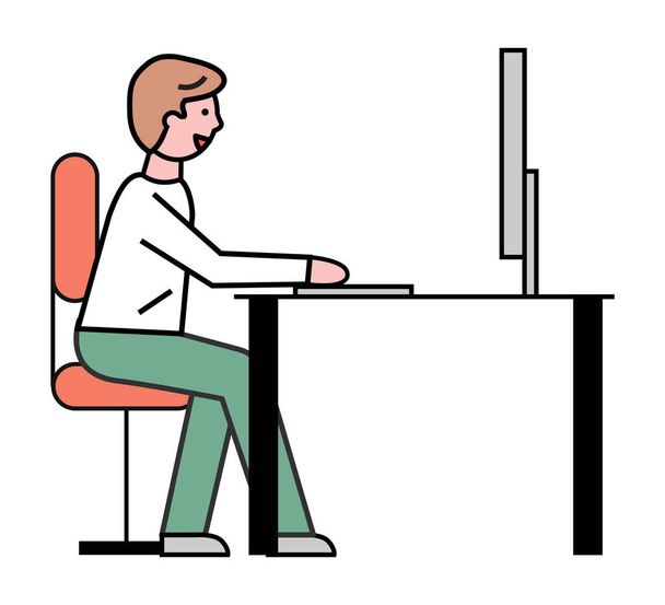 Male Person Working on Laptop Character Outline - Vector, afbeelding