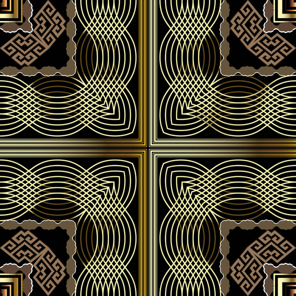 Tribal ethnic plaid vector seamless pattern. Greek style abstract wavy lines tartan background. Modern repeat geometric backdrop. Greek key meanders luxury ornament. Gold line art tracery lace design. - Вектор, зображення