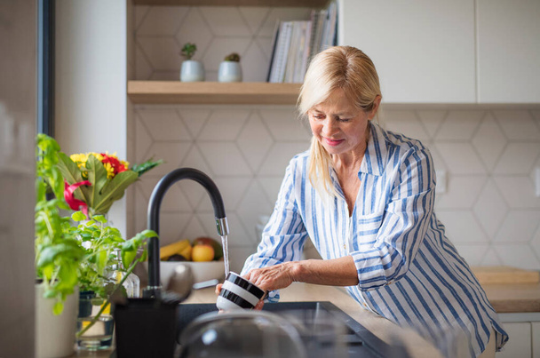 Portrait of senior woman washing dishes indoors at home. - Fotografie, Obrázek