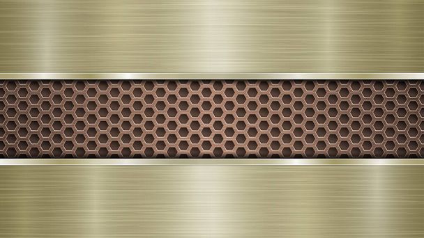 Фон из бронзовой перфорированной металлической поверхности с отверстиями и двумя горизонтальными золотистыми полированными пластинами с металлической текстурой, блестящими краями
 - Вектор,изображение