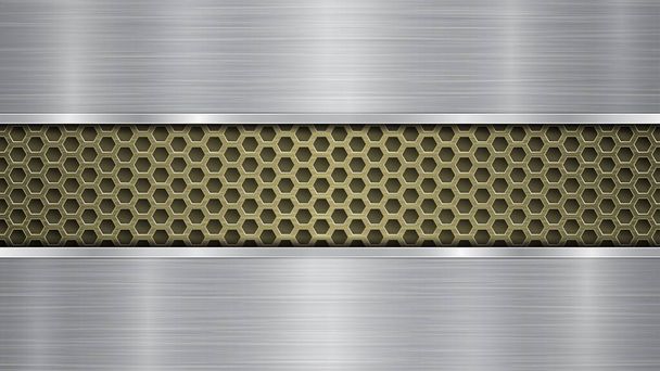 Background of golden perforated metallic surface with holes and two silver horizontal polished plates with a metal texture, glares and shiny edges - Vector, Image
