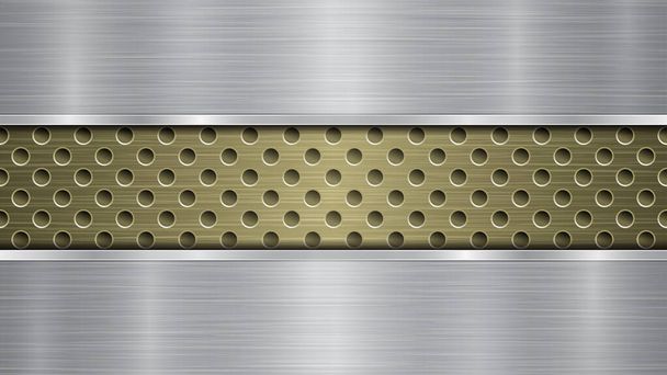 Achtergrond van gouden geperforeerde metalen oppervlak met gaten en twee zilveren horizontale gepolijste platen met een metalen textuur, glans en glanzende randen - Vector, afbeelding