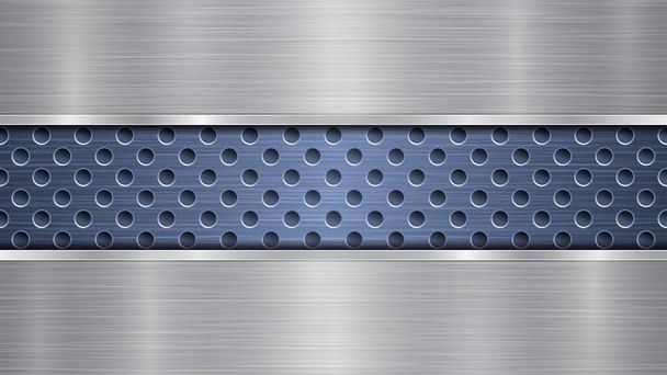 Achtergrond van blauw geperforeerd metallic oppervlak met gaten en twee horizontale zilveren gepolijste platen met een metalen textuur, glans en glanzende randen - Vector, afbeelding