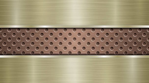 Achtergrond van bronzen geperforeerde metalen oppervlak met gaten en twee horizontale gouden gepolijste platen met een metalen textuur, glans en glanzende randen - Vector, afbeelding