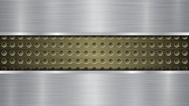 Achtergrond van gouden geperforeerde metalen oppervlak met gaten en twee zilveren horizontale gepolijste platen met een metalen textuur, glans en glanzende randen - Vector, afbeelding