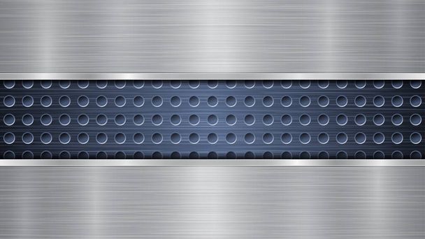 Tło niebieskiej perforowanej metalicznej powierzchni z otworami i dwoma poziomymi polerowanymi srebrnymi płytami o metalowej fakturze, szkłach i błyszczących krawędziach - Wektor, obraz