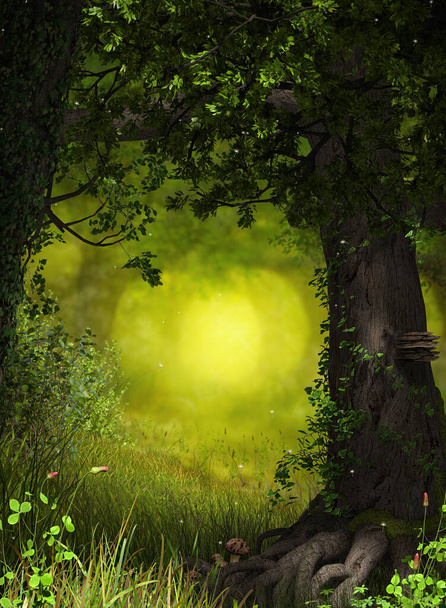 Okouzlující fantasy pohádkové lesní pozadí pro vaše umělecké výtvory, 3D vykreslování obrazu. - Fotografie, Obrázek