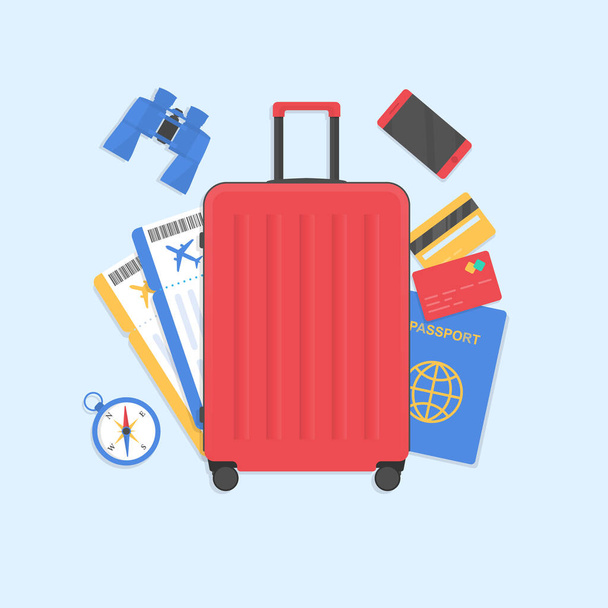 wheeled suitcase, passport, plane tickets, credit cards.Its Time to Travel.Trip to World. Travel to World. Vacation. Road trip. Tourism. Journey.colorful vector illustration. - Vector, Image