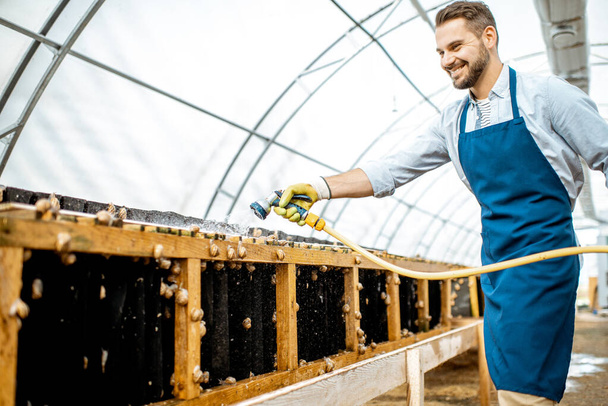 Hombre trabajando en una granja con caracoles
 - Foto, Imagen