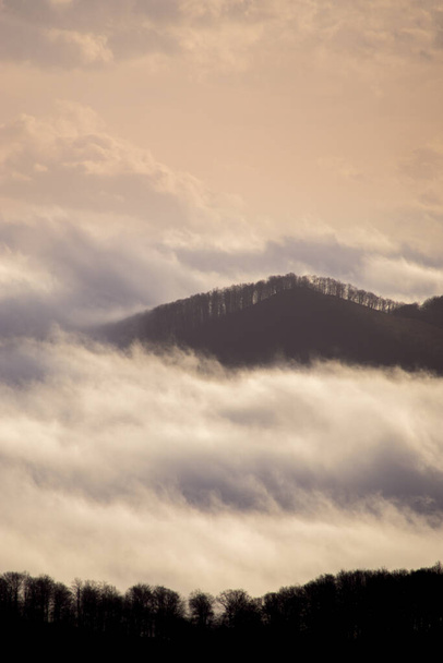 Foggy mountains at sunrise at long exposure. Concept: floating island - Fotoğraf, Görsel