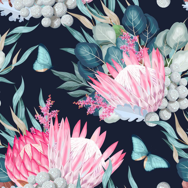Vector seamless pattern with protea and greenery - Вектор, зображення
