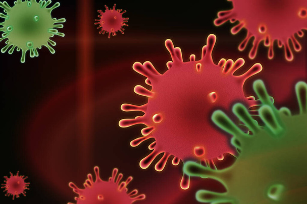 コロナウイルス2019-nCovは、アジアのインフルエンザ流行の原因となる新たなコロナウイルス概念と、パンデミックとしての危険なインフルエンザ株の場合としてのコロナウイルスインフルエンザを引き起こす。顕微鏡のウイルスは閉じます。3Dレンダリング. - 写真・画像