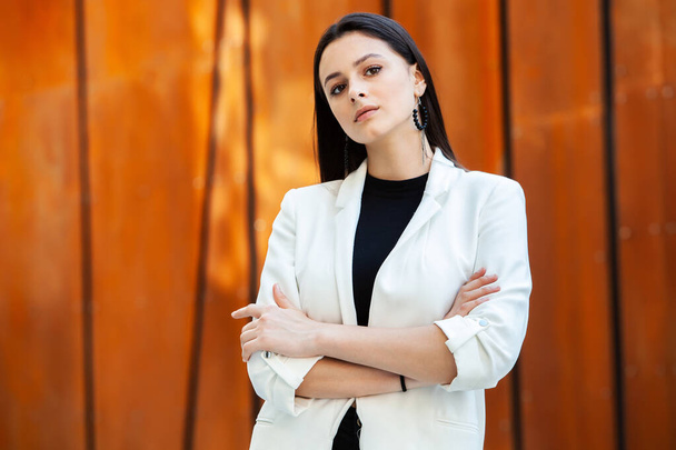 Portrait Of Successful Business Woman. Active lifestyle. Modern business girl outside. Female Leader. Beautiful russian girl. Success concept. - Photo, Image