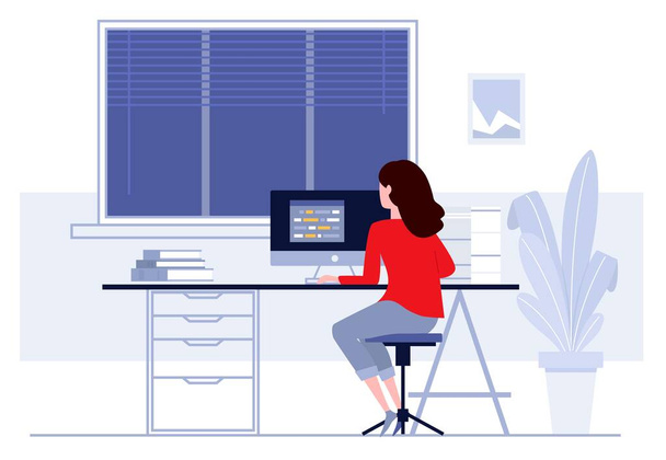 Woman sitting at table and working at home. - Vector, Image