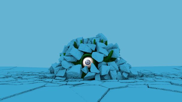 3D renderowanie stosu niebieskich kamieni nad niebieską powierzchnią. Jednooki Cyklop ukrywa się w skałach. Streszczenie idei zagrożenia ze strony nieznanego koronawirusa i innych chorób. Zagrożenie pod stos - Zdjęcie, obraz