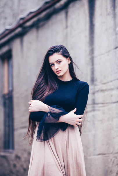 Fashion Portrait of Stylish Pretty Brunette. Young Woman Outdoor. Cool hipster student woman. Trendy hipster Russian teenage girl wearing wearing casual clothes. City lifestyle stylish hipster girl. Trendy outfit - Fotografie, Obrázek