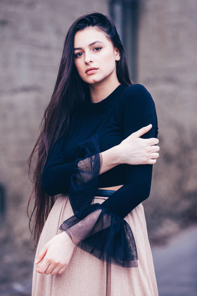 Fashion Portrait of Stylish Pretty Brunette. Young Woman Outdoor. Cool hipster student woman. Trendy hipster Russian teenage girl wearing wearing casual clothes. City lifestyle stylish hipster girl. Trendy outfit - Fotografie, Obrázek