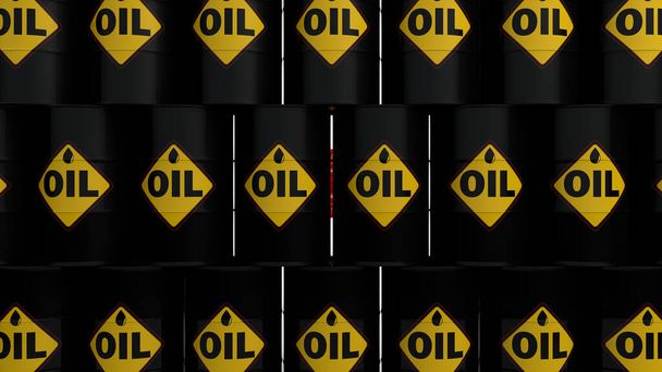 3D renderelés sok hordó olaj áll a falon. Egy kőolajtermék raktár ötlete. Illusztráció olajipari összetételek és bannerek reklámozására olajtermékek. - Fotó, kép