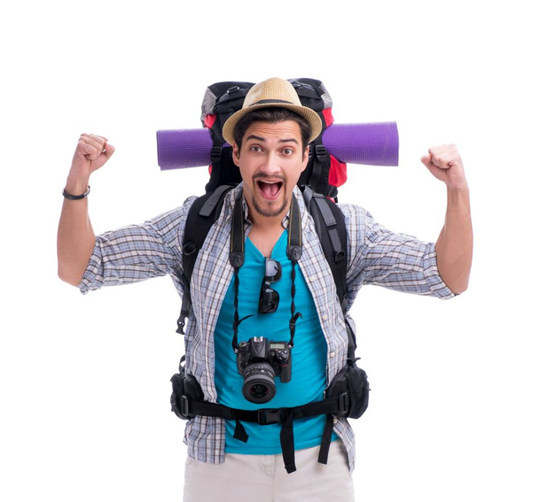 Backpacker z kamerą na białym tle - Zdjęcie, obraz