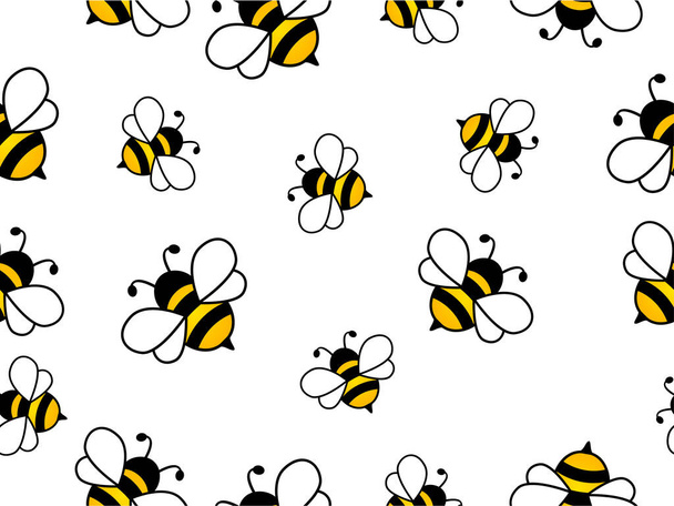Bezešvý vzor s létajícími včelami.Vektor Cartoon černé a žluté včely izolované na bílém pozadí. Cartoon doodle roztomilé včely bezešvé linie vzor - Vektor, obrázek