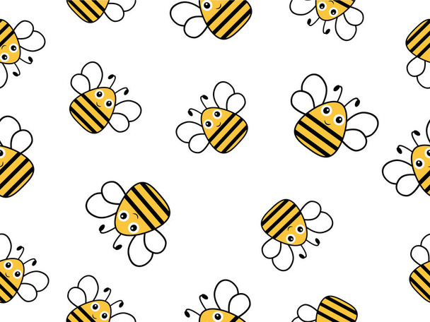 Płynny wzór z latającymi pszczółkami.Vector Cartoon czarno-żółte pszczoły izolowane na białym tle. Cartoon doodle słodkie pszczoły bezszwowy wzór linii - Wektor, obraz