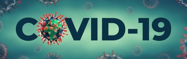 Coronavirus COVID-19 tekstbanner met Corona virus - Microbiologie en Virologie Concept - Foto, afbeelding