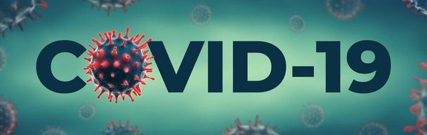 Coronavirus COVID-19 tekstbanner met Corona virus - Microbiologie en Virologie Concept - Foto, afbeelding