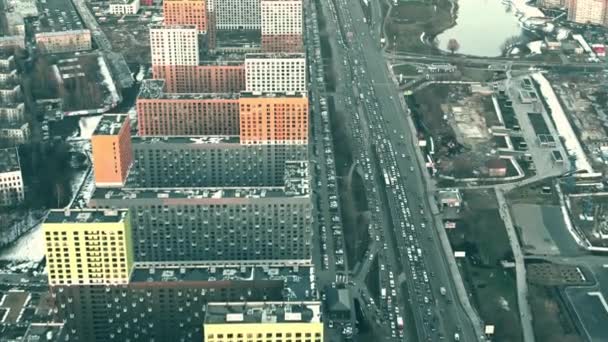 Aerial view of modern apartment houses and road traffic jam in Govorovo, Moscow. Russia - Footage, Video