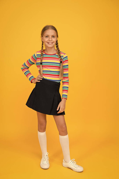 Positivity concept. Happiness. Emotional kid. Fashion shop. Must have accessory. Modern fashion. Kid fashion. Girl long hair. Cute child trendy and fancy. Little girl wearing rainbow clothes - Fotografie, Obrázek