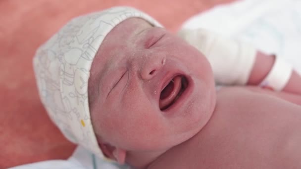 Close up portrait of a crying newborn in primordial grease. Baby newborn after birth crying first minutes of life. - Imágenes, Vídeo