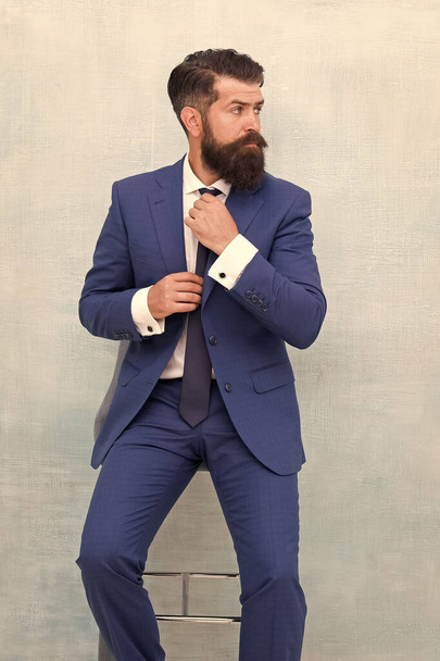 For formal occasion. Business fashion model fix tie. Bearded man with fashion look. Hipster in classy fashion style. Menswear store. Fashion and style. Streamlined design speak for itself - Foto, Bild