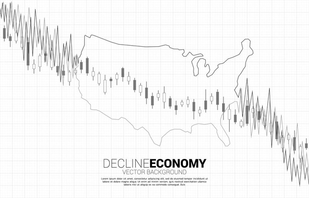 Candle-Down-Diagramm mit USA-Karte. Konzept des Niedergangs der Wirtschaft in Amerika. - Vektor, Bild