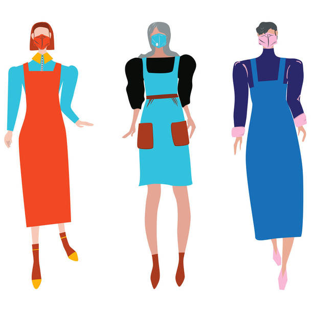 A divatos nők védőmaszkot viselnek. Novel coronavirus, 2019-nCoV, COVID-19, arcmaszkos emberek. A koronavírus-karantén vektor illusztrációjának koncepciója. - Vektor, kép