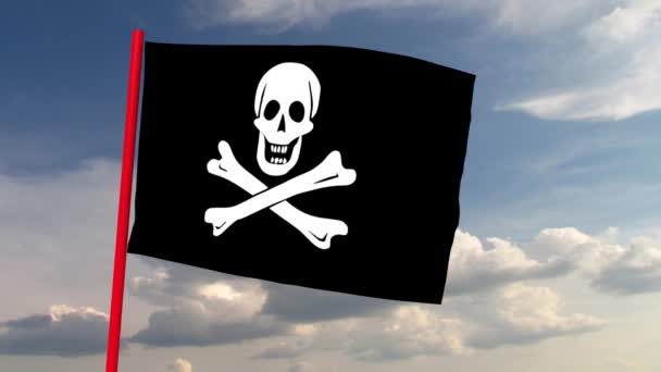 Pirate flag on red pole against the backdrop of heaven with dramatic clouds. Computer animation. Symbol of skull and crossed bones, wind simulation - Footage, Video
