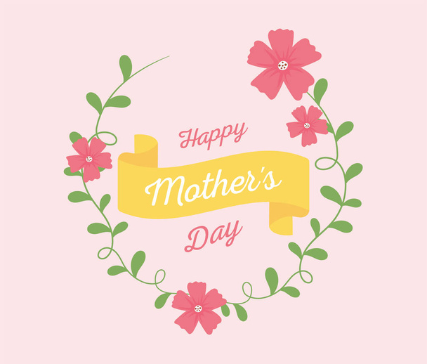 happy mothers day, delicate wreath flowers decoration card - Διάνυσμα, εικόνα